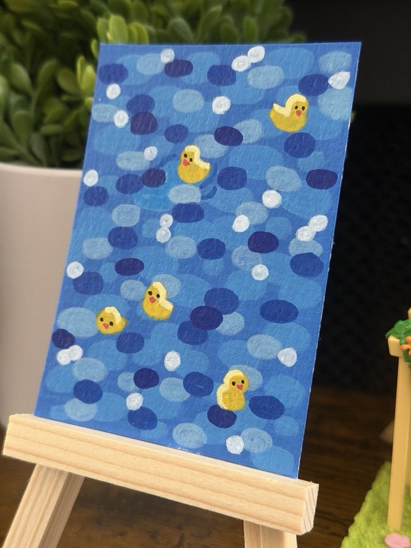 ACEO Original Art Duck Pond Animals Whimsical Cute Painting Blue Miniature OOAK gallery