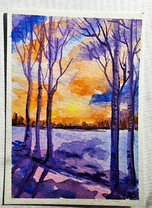 ACEO original miniature painting watercolor FOREST landscape art card by CRC
