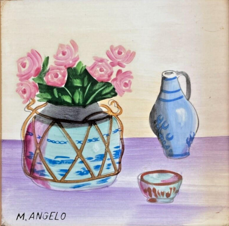 Painting on Tile Signed M Angelo Miniature Flowers and Vases Wood Framed