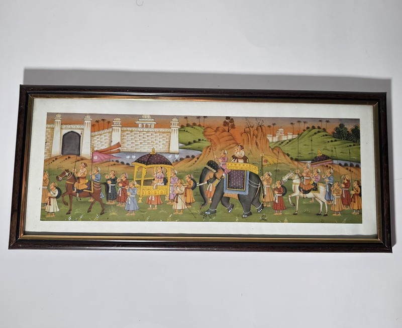 Vintage Indian Mughal Painting «Procession With Elephant Scene» – Framed