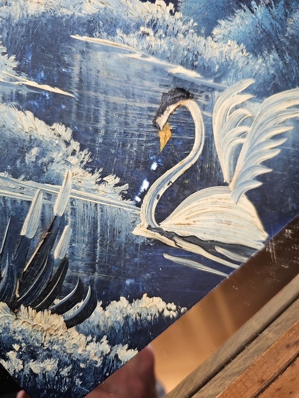 Tom Dunham Signed Painted VTG Mirror Framed Oil Painting Swan Lake Blue Water 86 gallery