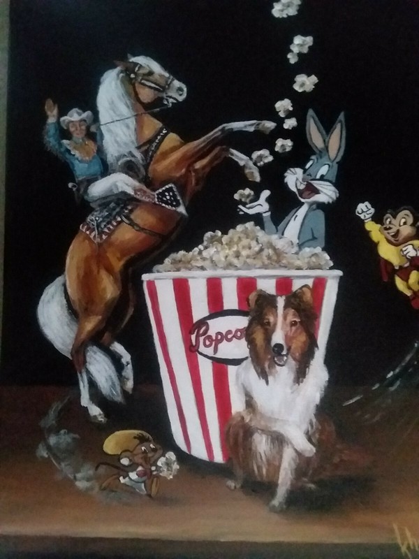 Original nostalgic painting "Saturday at the Movies" by kholland 16x20 gallery