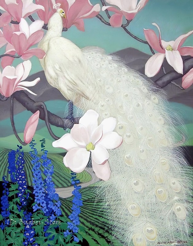 White Peacock and Magnolia oil painting Giclee Art Printed on canvas L3800