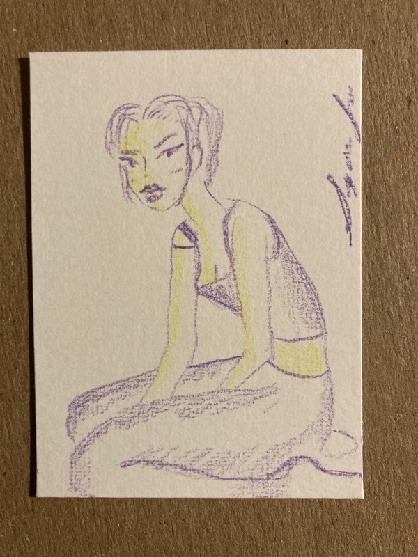 ACEO original art fashion purple pose colored pencil 2.5×3.5 by sydsfineart