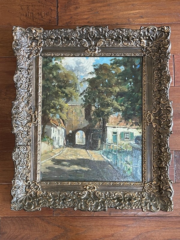 Antique Signed Oil Painting On Canvas Bridge Streetscape Heavy Bronzed Frame