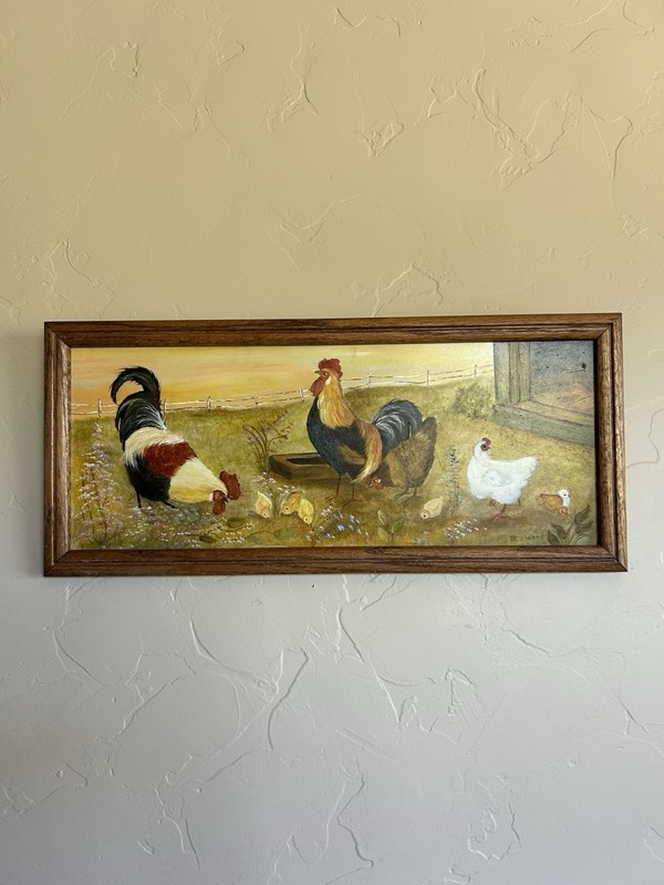 Farmhouse Country Vintage Hand Painted Chicken Rooster Painting 21.5″x9.5″