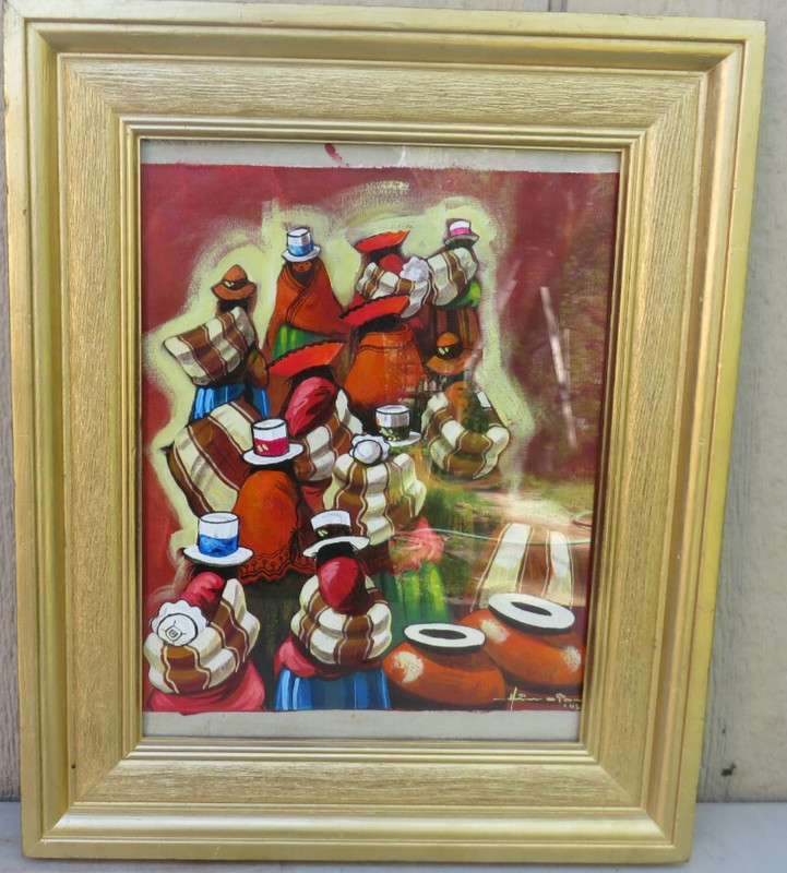 ORIGINAL FRAMED A GROUP OF PERUVIAN PEOPLE OIL ON CANVAS PAINTING SIGNED gallery