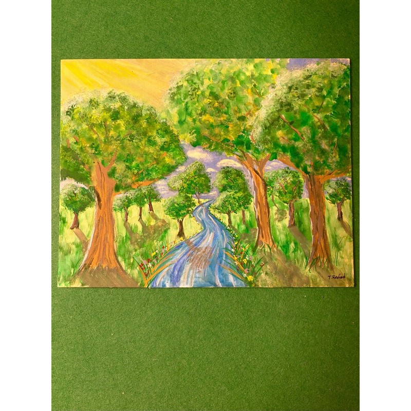 Hand painted gouache original painting forest, river sky