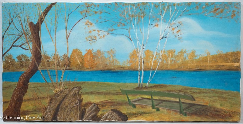 Vintage Panoramic Oil Painting of Lake with Green Bench Illegibly Signed 12×24″