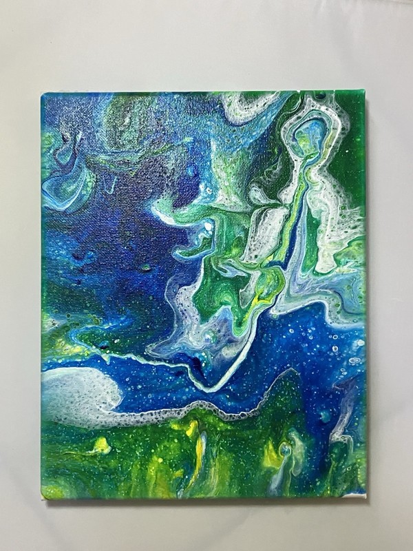 Original Abstract Crayon Acrylic Pour Artwork On Canvas Blue, Green, And White