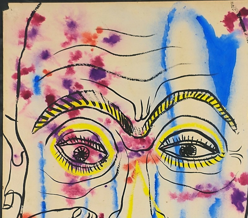 Unsigned Ink and Gouache Watercolor Modernist Portrait Painting gallery