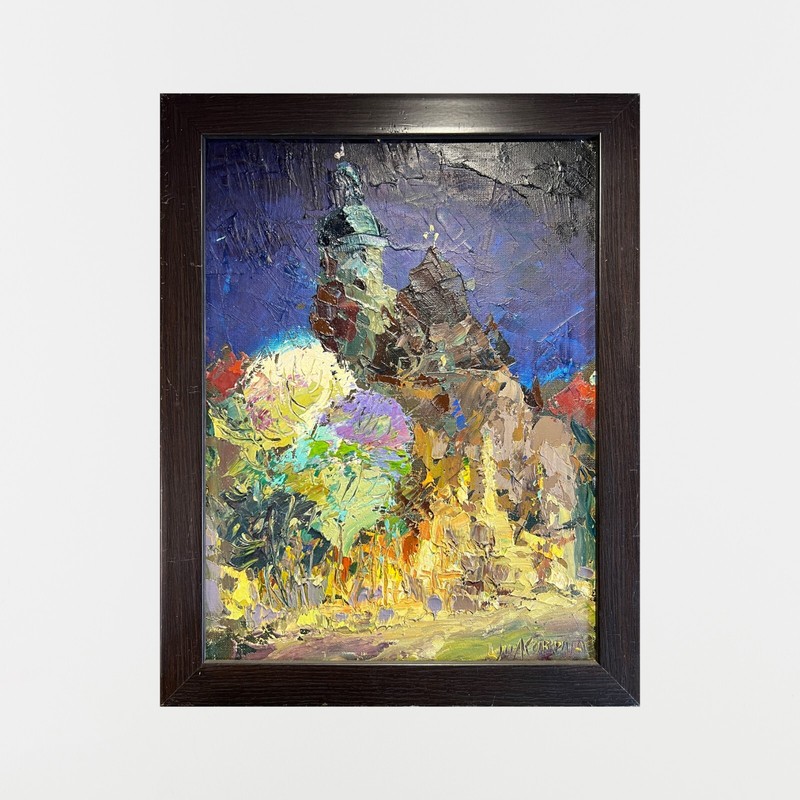 Abstract Oil painting Night Lviv Bernardine Monastery Ukrainian painter Canvas