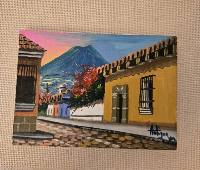 Mini Original Sunset Volcano Oil Painting on Canvas Guatemala Signed gallery