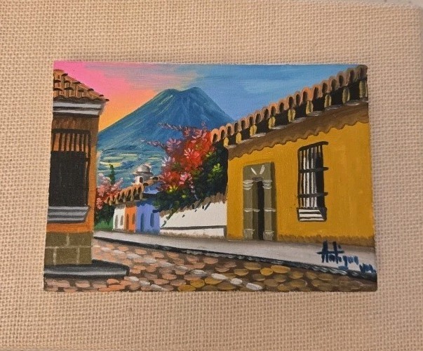 Mini Original Sunset Volcano Oil Painting on Canvas Guatemala Signed