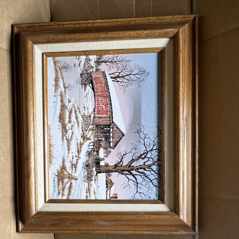 C. Carson Framed Signed Painting Winter Barn Scene Realism Horse Farm Americana