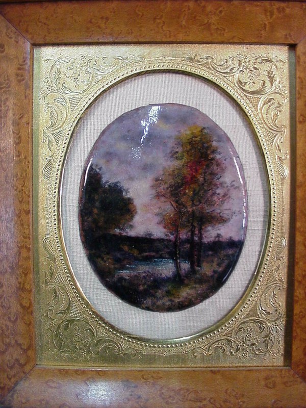 FRAMED LIMOGES MINIATURE ENAMEL PAINTING OF LANDSCAPE IMAGE 3 1/2" BY 2 3/4" gallery