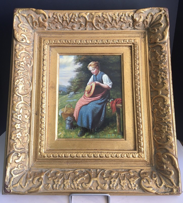 Original Painting Copy of A. Luben’s «Young Girl with Hat» Ornate Gold Frame