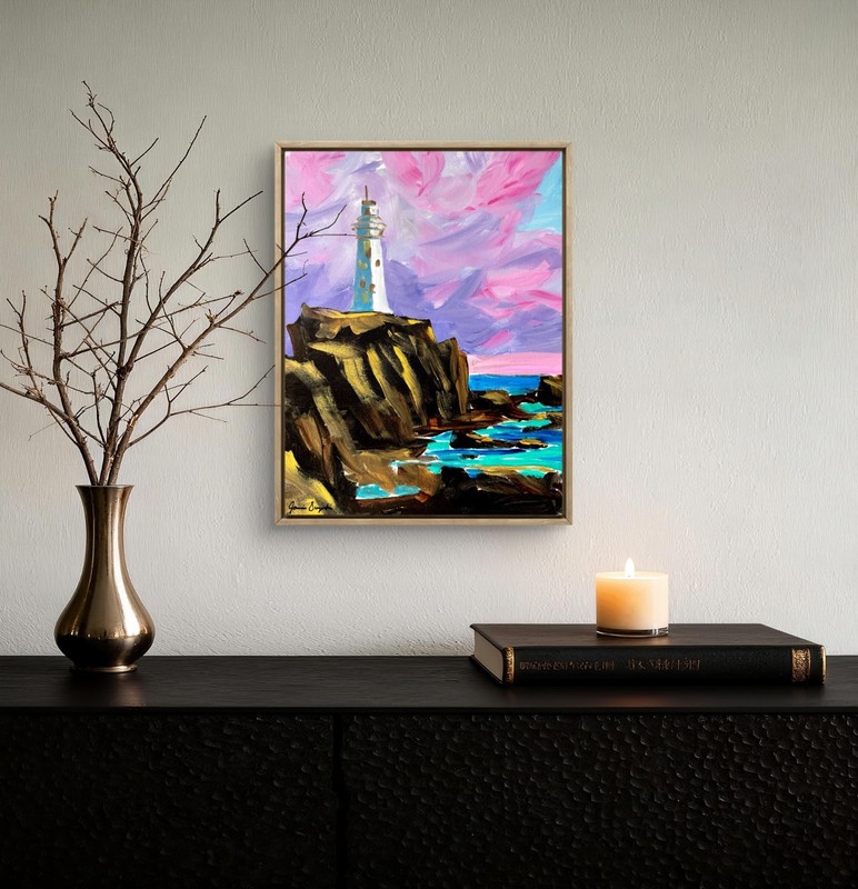 JANICEART 14x11 Original Lighthouse Sunset Pink Abstract Acrylic Canvas Wall Art gallery