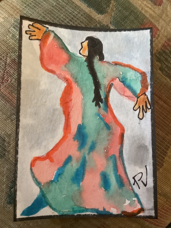 ACEO watercolor art by PJ, art card 2.5 x 3.5: Native American style dancer gallery