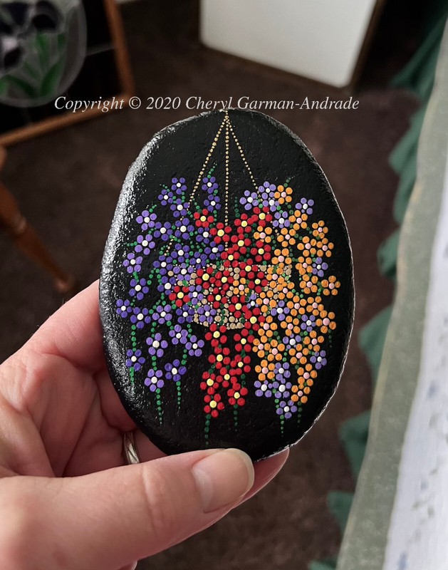 Original Dot Painted Stone Hanging Flower Basket by Cheryl Andrade