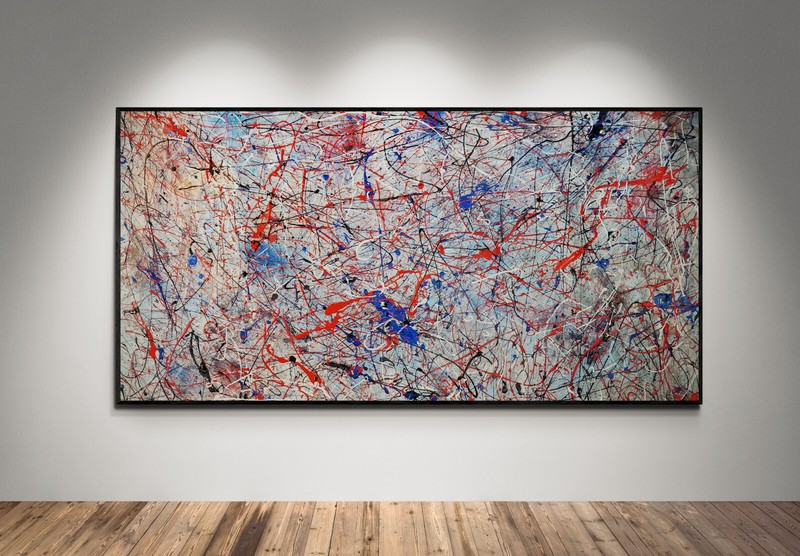 XXL Jackson Pollock Style Red & Blue Abstract Textured Painting 59×30 in