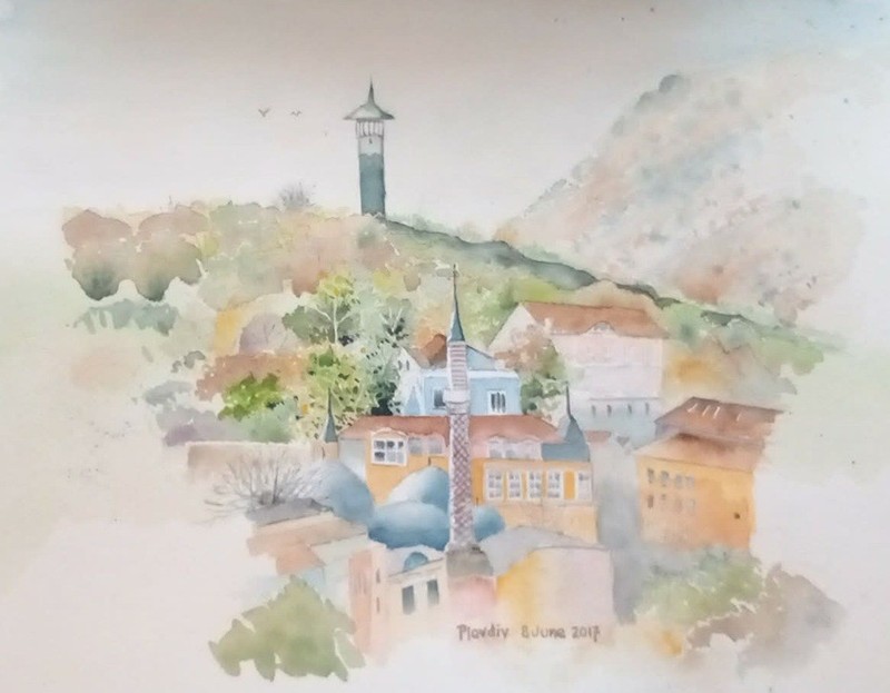 PLOVDIV Original Watercolor Painting by Ronald 2027 Oldest City Europe 27x19cm