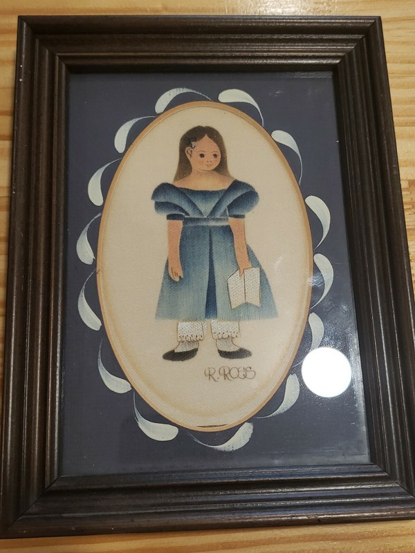 R Ross Matching Framed Folk Art Boy with dog Girl with book Watercolor Signed gallery