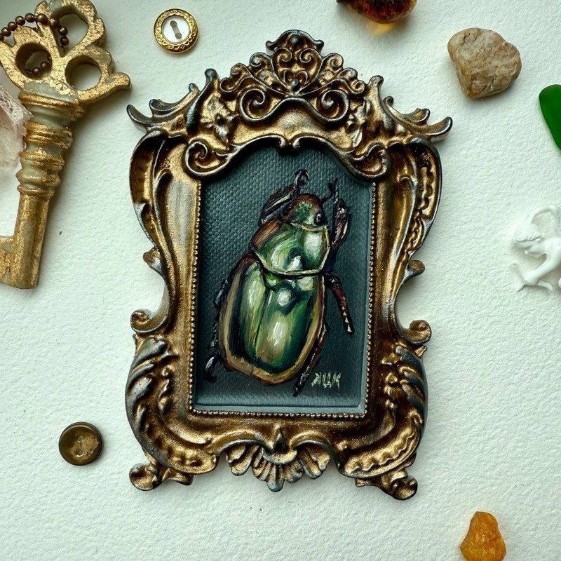 Beetle Painting Original Oil Signed Insect Bug Entomology Gold Frame Small Art gallery