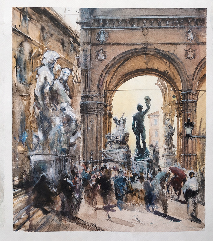 ORIGINAL PAINTING WATERCOLOR ITALY CITY SCENE FLORENCE PIAZZA SIGNORIA 11x13 in gallery