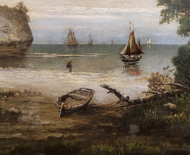 X-Large ANTIQUE Gilt Framed 19th C SEASCAPE Coastal SAILBOAT Scene OIL PAINTING gallery