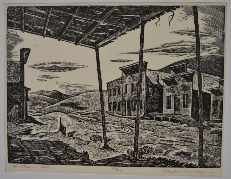 Charles Surendorf 1st Edition «Ghost Town.» Woodcut/linocut on thin tissue paper
