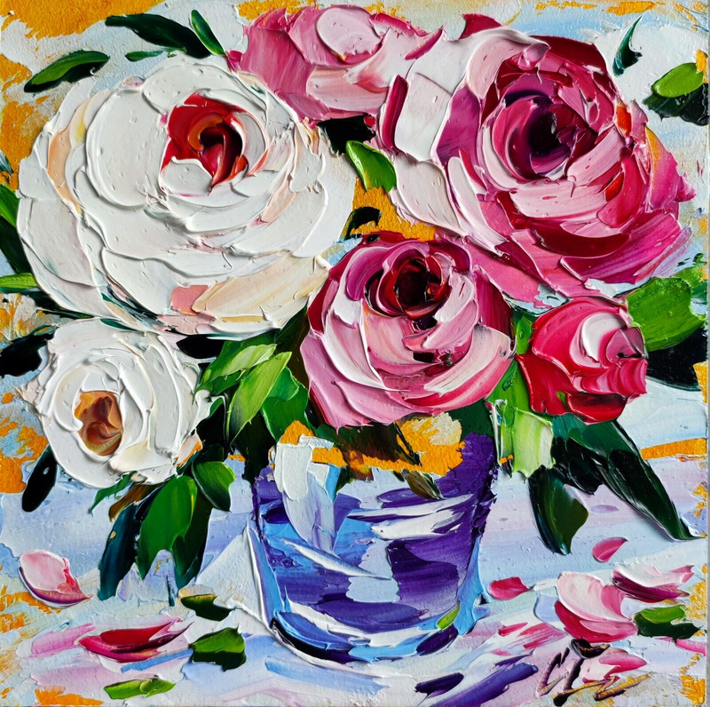 original oil painting Rose Peony Colorful Flower Impasto Floral small art 6*6 in