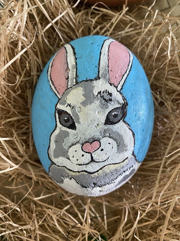 Rock Art Hand Painted Bunny rabbit On Natural rock 3.5” X3” X2” gallery