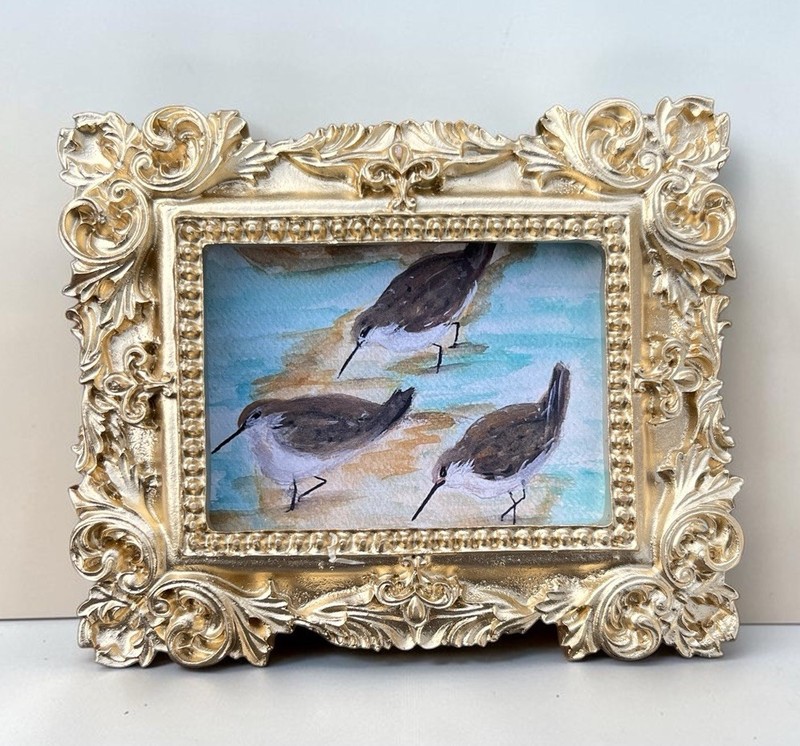 Sandpiper birds mini watercolor print of original painting• vintage ornate frame