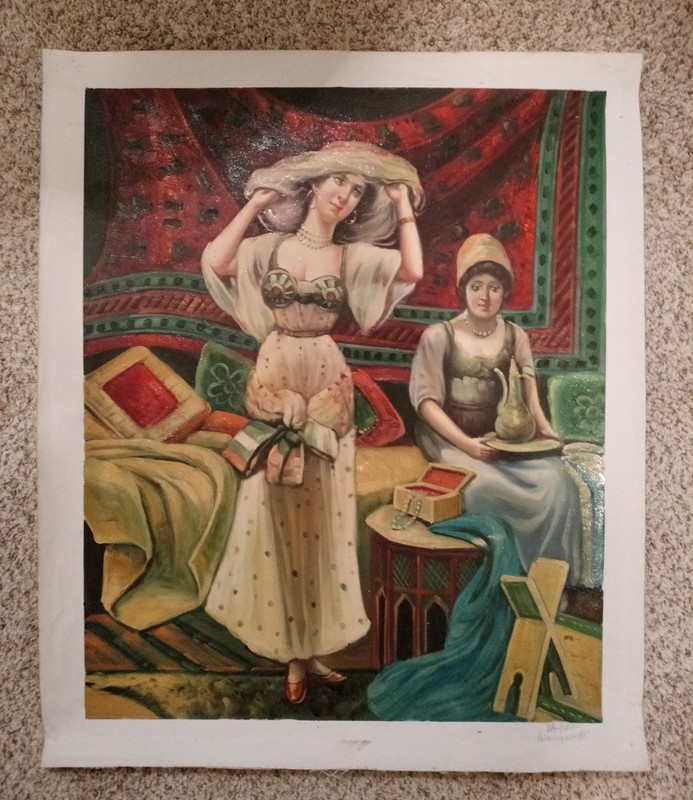 Turkish Oriental original painting, signed, Sultan’s Favorite in Harem. 24X20