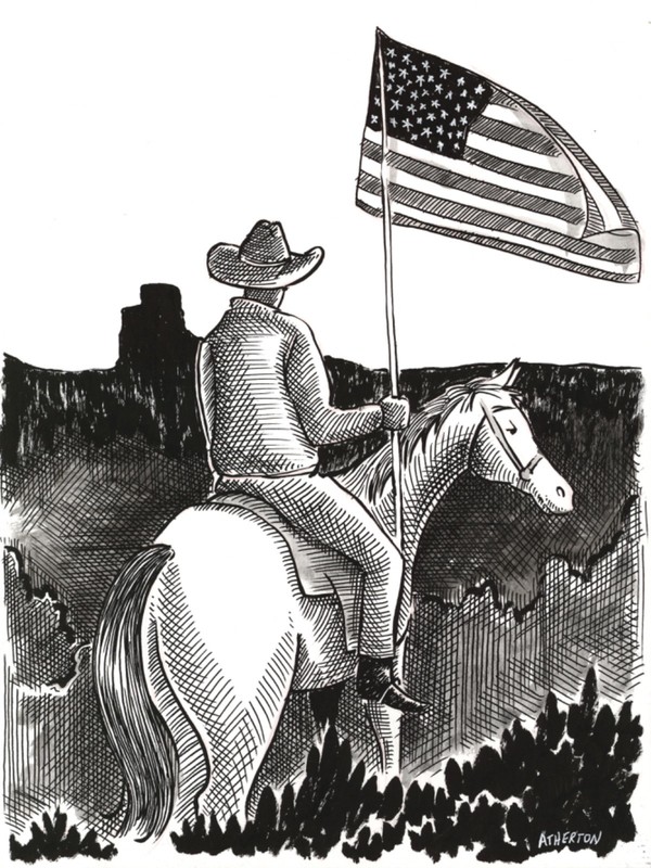 Atherton 9x12 Original Pen & ink illustration artwork "Cowboy & Flag" signed gallery