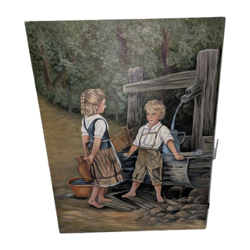 Vintage Lg Painting «Children at the Well» After Anton Ebert by Marcella Johnson