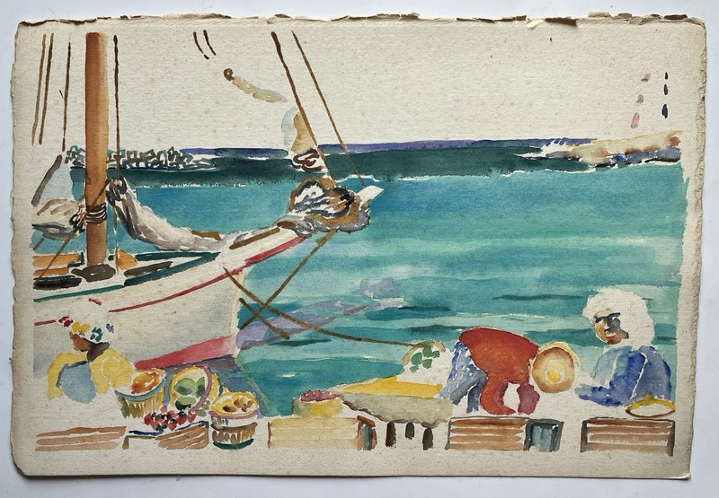 40s 50s Expressionism Watercolor Painting Coastal Seascape Ships Mystery Artist