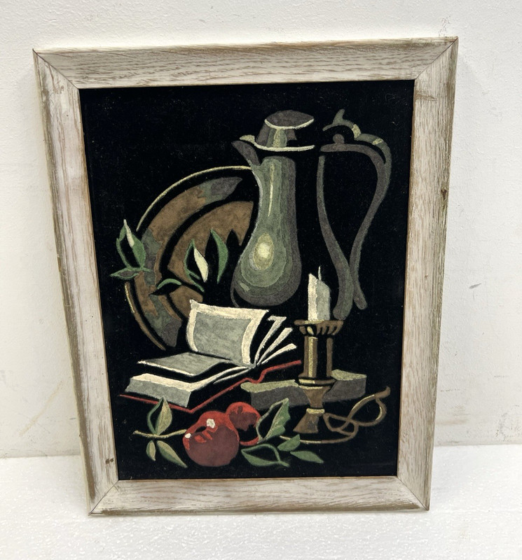 Vintage BLACK VELVET PAINTING wall art mid century modern Still Life Wine Fruit