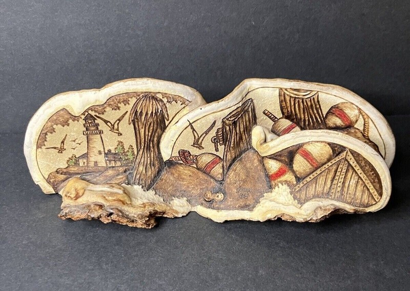 Vtg. 3D Turkey Tail Mushroom/Fungus Sea Scape Scene, Hand Painted, Artist Signed