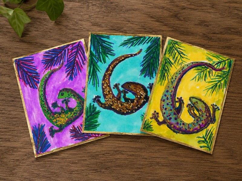 ACEO Set – Three Geckoes Art 3.5×2.5 By Wanda Fitzgerald ￼
