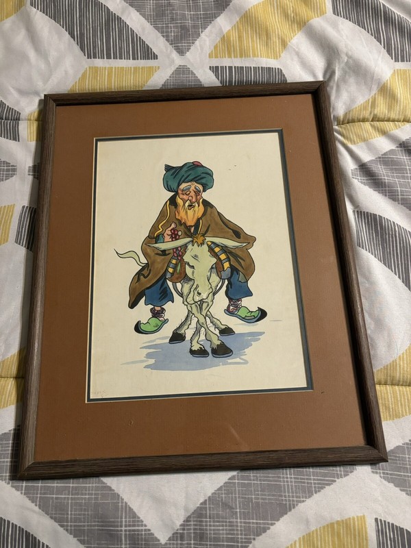 Vintage JABER 1968 Hayrapetian Watercolor MAN Riding Donkey VG FS