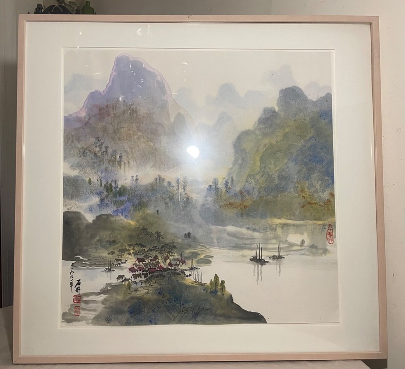 LARGE vintage 1992 original Chinese ink watercolor mountain landscape painting
