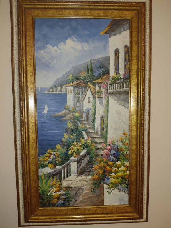 Vintage Rossini Original Oil Painting Seaside Villa Framed Signed 12 x 24″