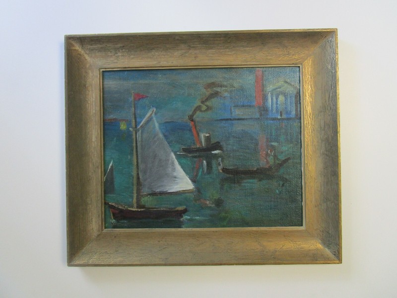 ANTIQUE INDUSTRIAL NAUTICAL BOAT SHIP MODERNIST IMPRESSIONIST PAINTING 1940’S