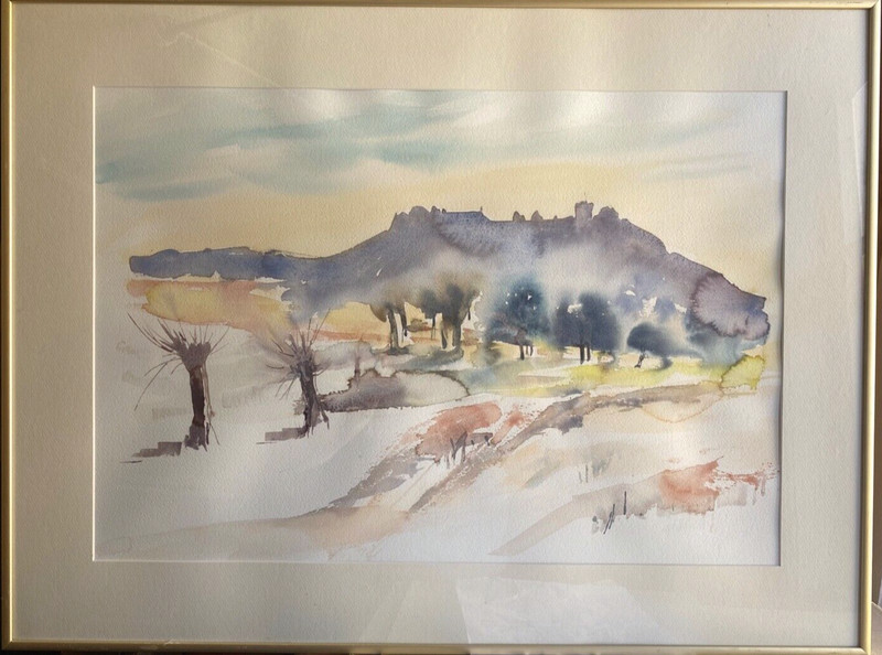 ::AQUARELL BEZ. JOACHIM VÖLLM ASBACH VON ALTBERG BAUMGRUPPE IM SCHNEE MIT BURG