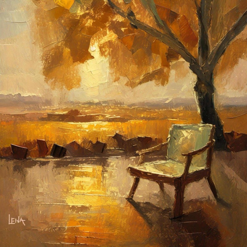 Original Oil Painting 24×24 Inch Autumn Tree Golden Landscape Chair Art Canvas