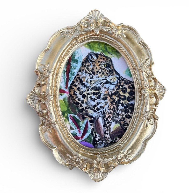Leopard in wilderness mini watercolor animal print in gold vintage ornate frame