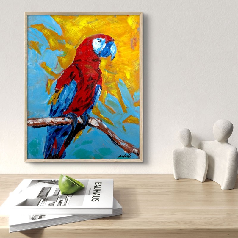 Scarlet Macaw Parrot 11x14 Painting Fauvist Tropical Red Yellow Canvas SWhite gallery