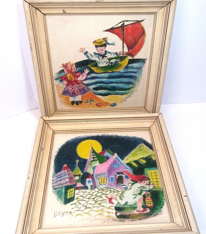 2 Vintage Framed Whimsical Paintings, Each 12″x12″, Signed»Doynn», One of a Kind